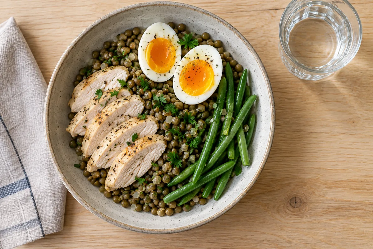 Assiette de lentilles, œuf et blanc de volaille avec des légumes et un verre d’eau sur une table en bois