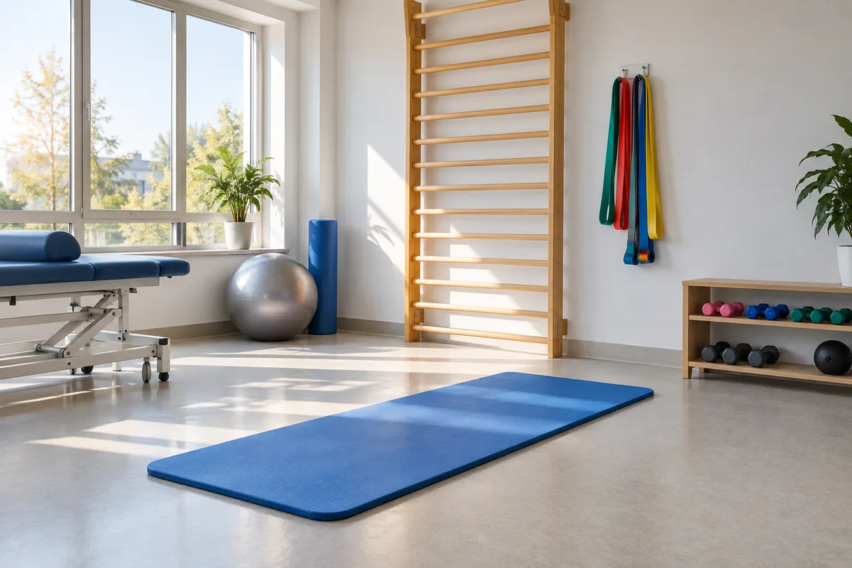 Salle de rééducation vide avec espalier en bois, tapis bleu, élastiques suspendus et petits haltères rangés
