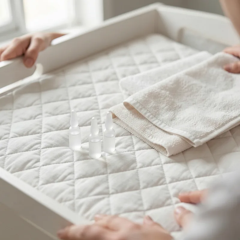 Flacon unidose de sérum physiologique et linge propre posés sur une table à langer, mains d&rsquo;un adulte hors champ