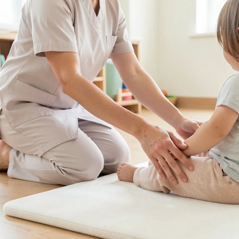 Kinésithérapeute installant un jeune enfant sur un tapis de rééducation dans une salle claire, visages hors cadre