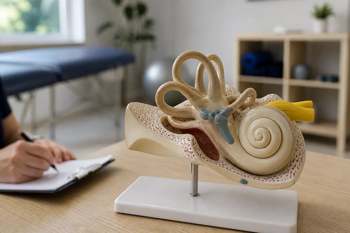 Maquette anatomique de l&rsquo;oreille interne posée sur le bureau d&rsquo;un cabinet de kinésithérapie