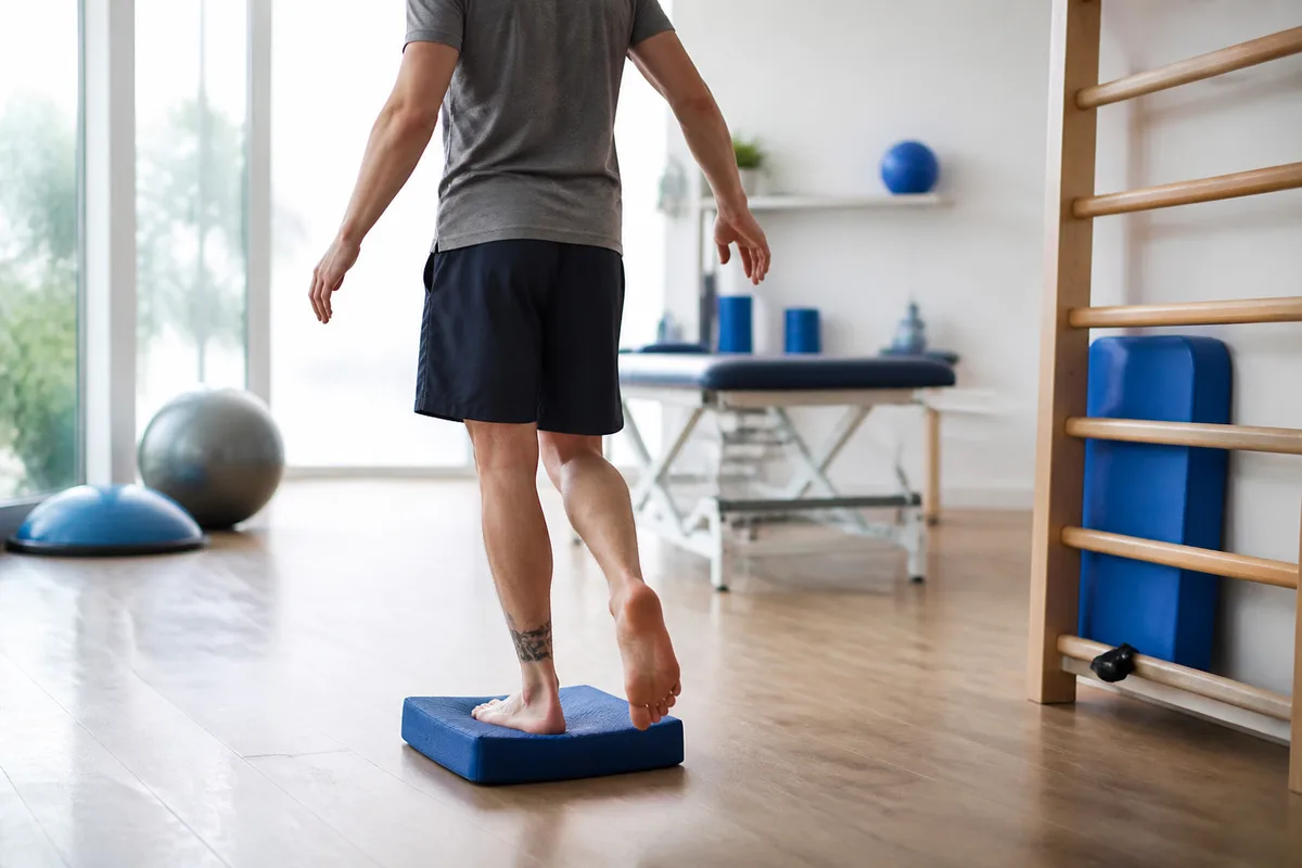 Personne réalisant un exercice d&rsquo;équilibre sur un coussin mousse dans une salle de rééducation