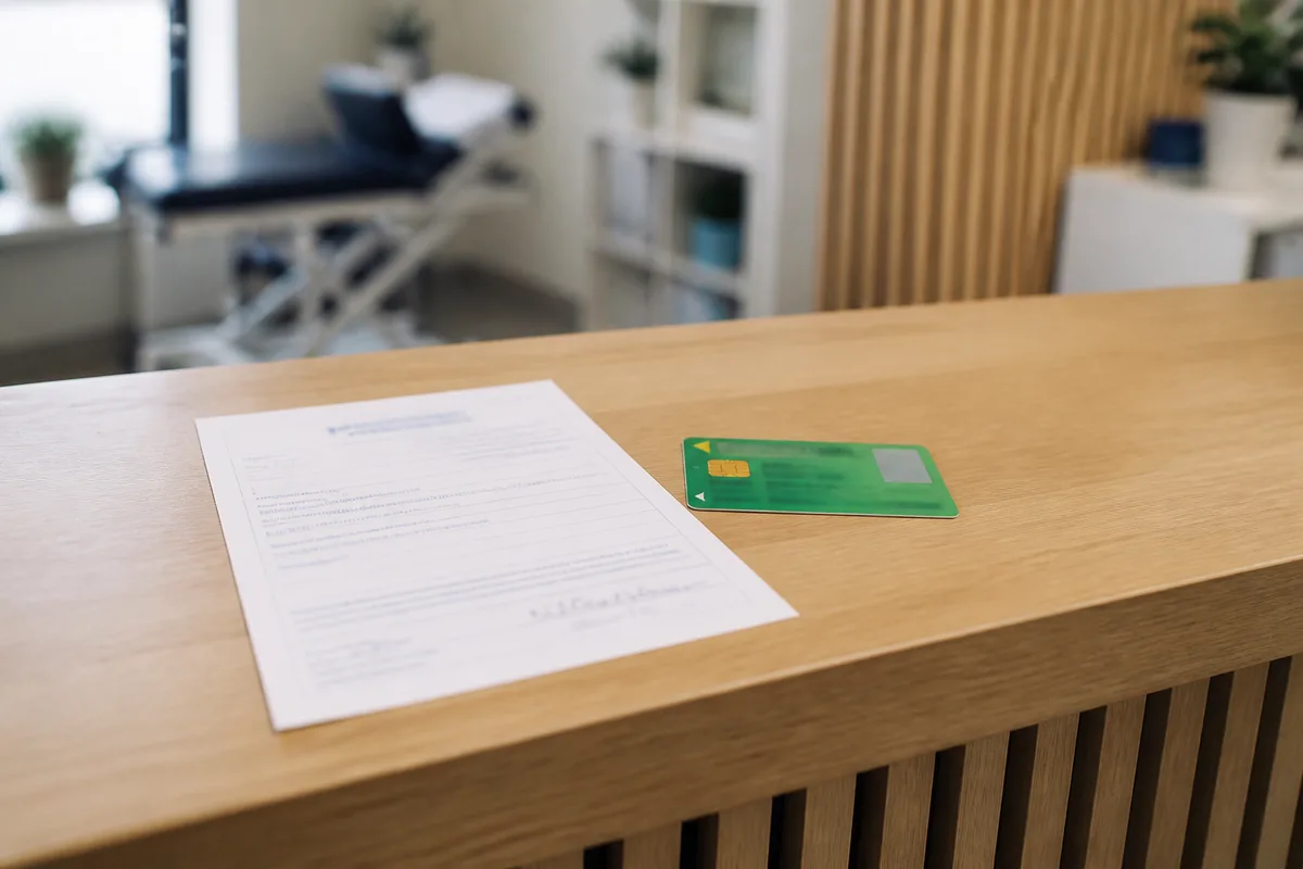 Ordonnance médicale et carte Vitale posées sur le comptoir d&rsquo;accueil d&rsquo;un cabinet de kinésithérapie