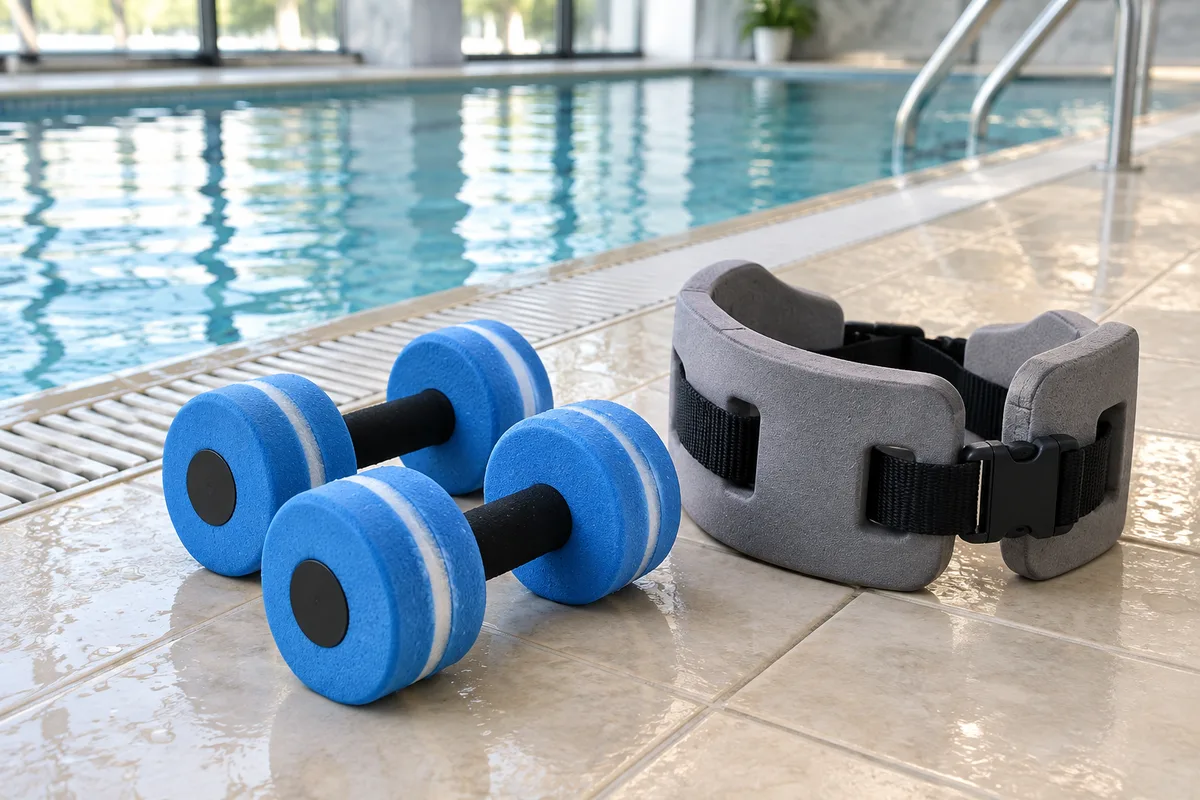 Haltères aquatiques en mousse bleue et ceinture de flottaison posés sur le carrelage au bord d&rsquo;un bassin