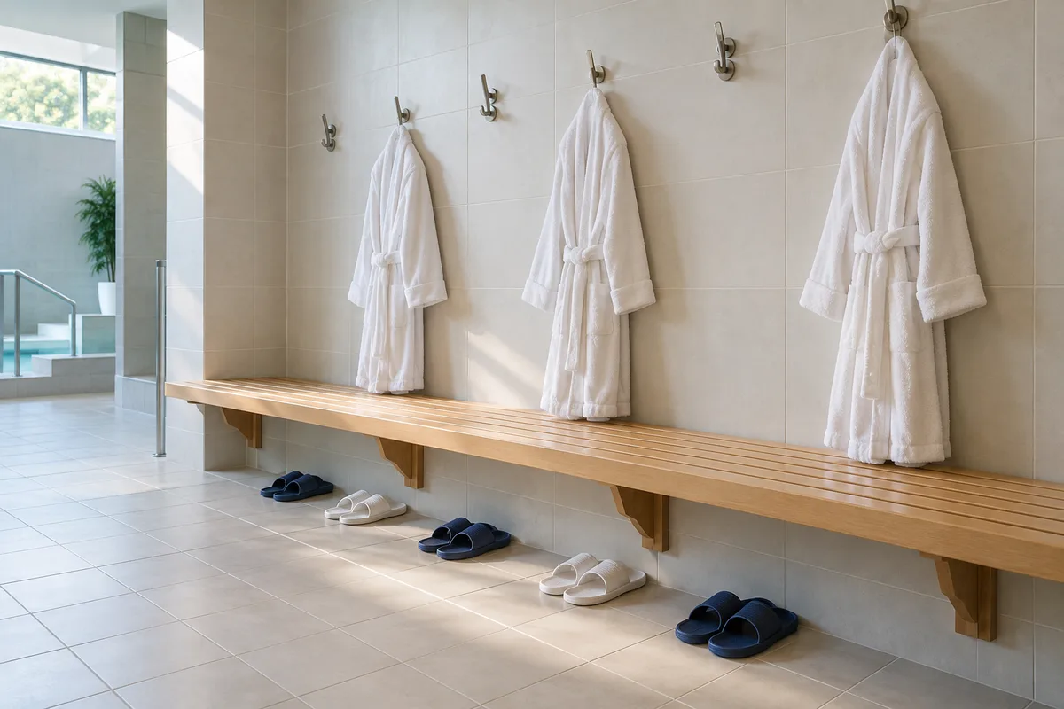Vestiaire de piscine vide avec banc en bois, peignoirs blancs suspendus et sandales alignées