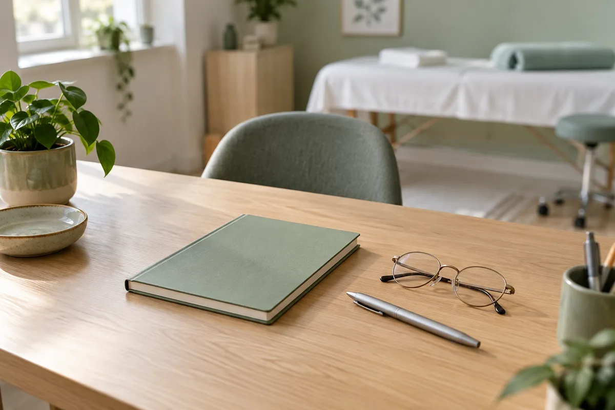 Table de cabinet de kinésithérapie avec un carnet fermé et une paire de lunettes