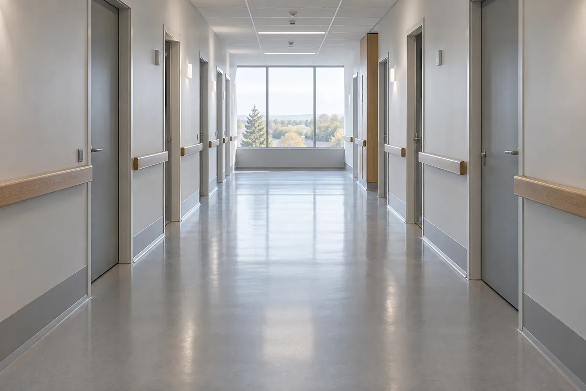 Couloir d&rsquo;hôpital vide baigné de lumière naturelle le matin