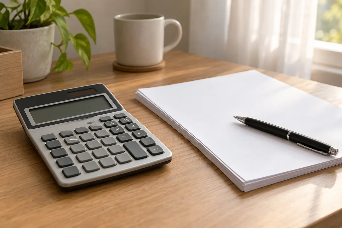 Bureau avec une calculatrice et des feuilles vierges près d&rsquo;une fenêtre