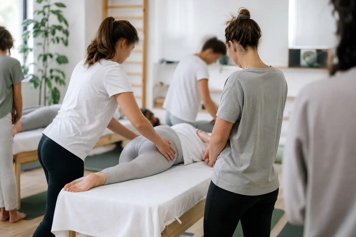 Séance de travaux pratiques en institut, étudiants s&rsquo;exerçant aux techniques manuelles sur table
