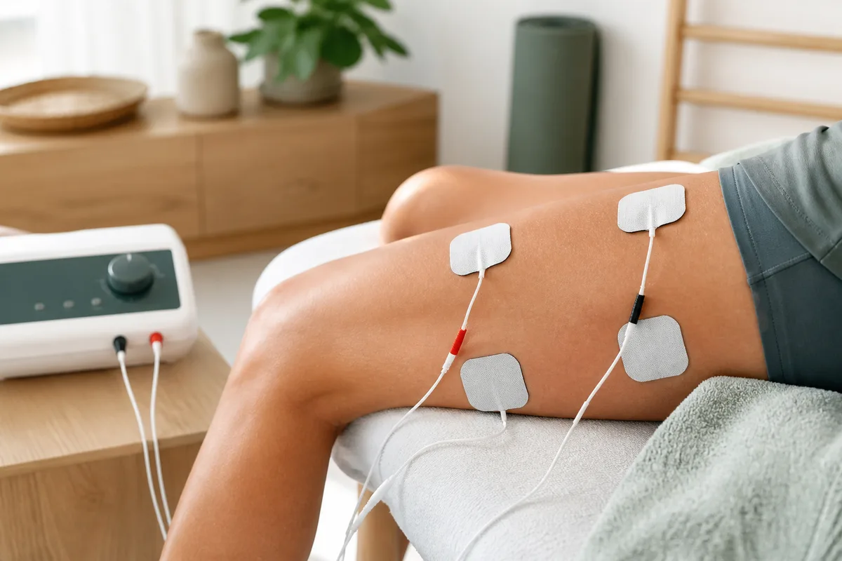 Électrodes autocollantes reliées à un appareil d’électrothérapie posées sur une cuisse