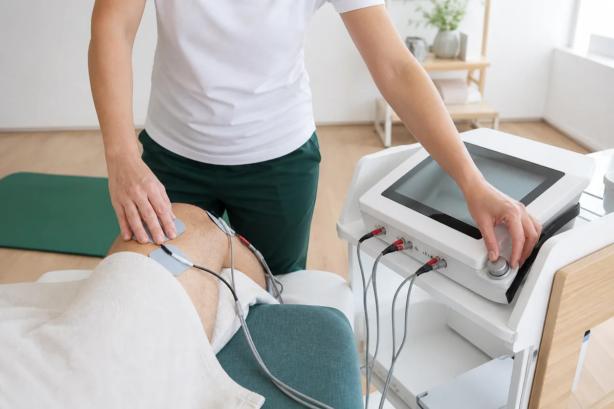 Kinésithérapeute positionnant des électrodes et réglant l’intensité sur un générateur de courant