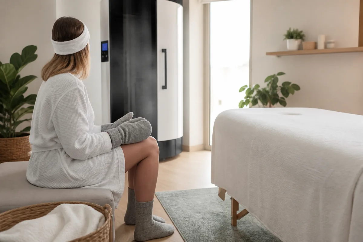 Personne équipée de gants, chaussettes et bandeau avant une séance de cryothérapie