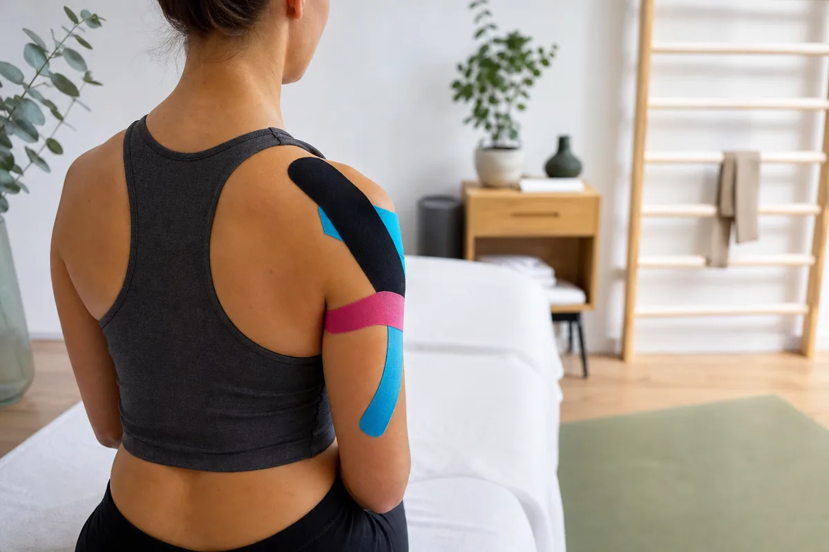 Bandes élastiques de couleur appliquées sur l’épaule et le bras d’une athlète