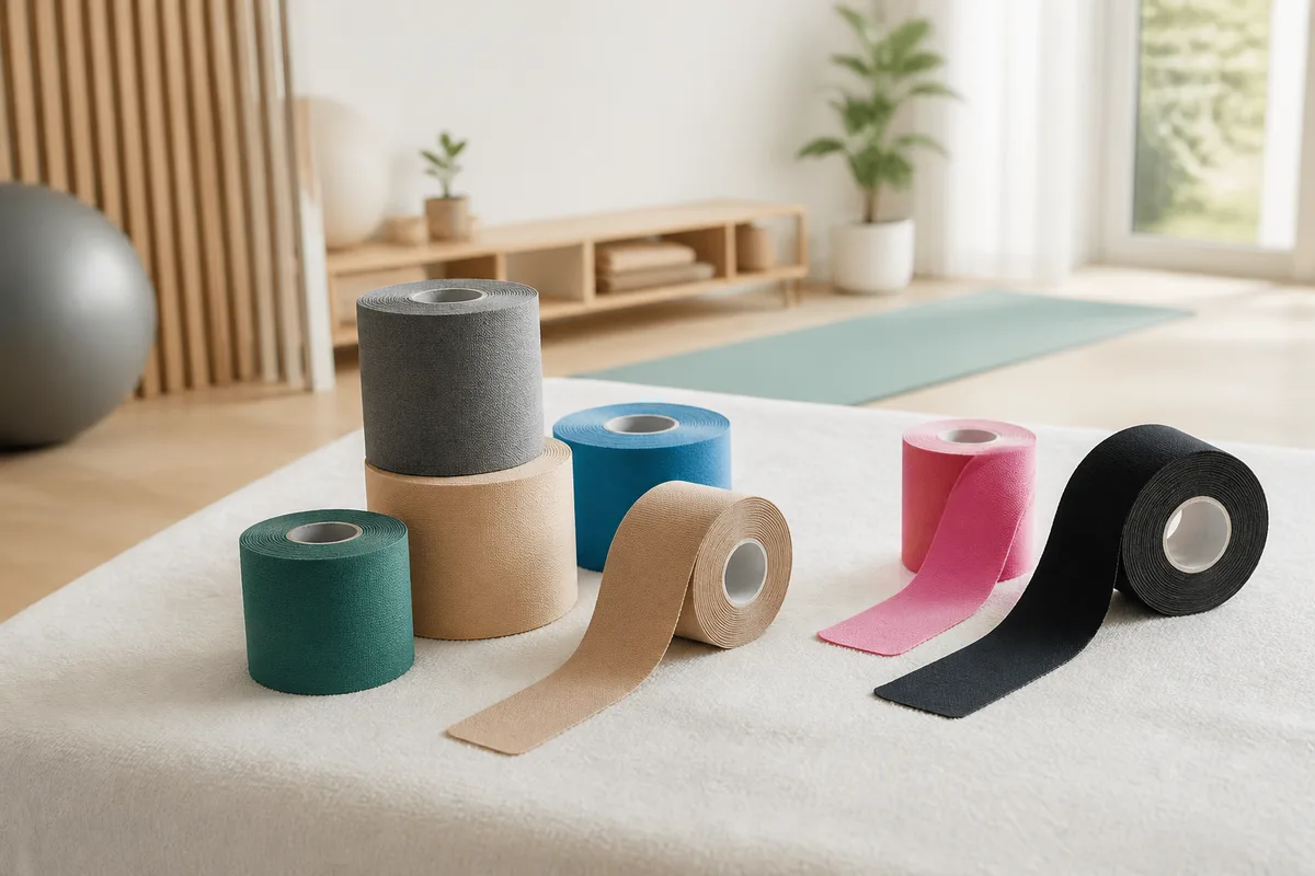 Rouleaux de bandes de taping de différentes couleurs disposés sur une table de soin