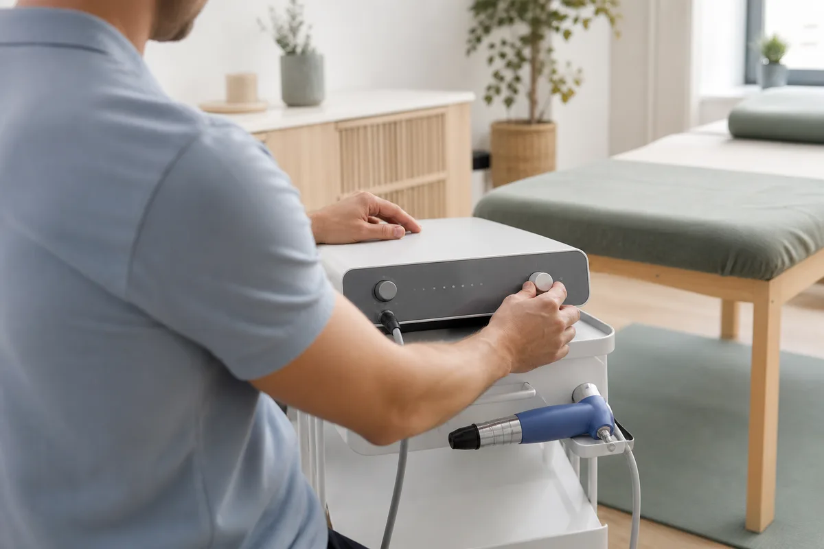 Kinésithérapeute réglant la pression et la fréquence de tir sur un générateur d&rsquo;ondes de choc