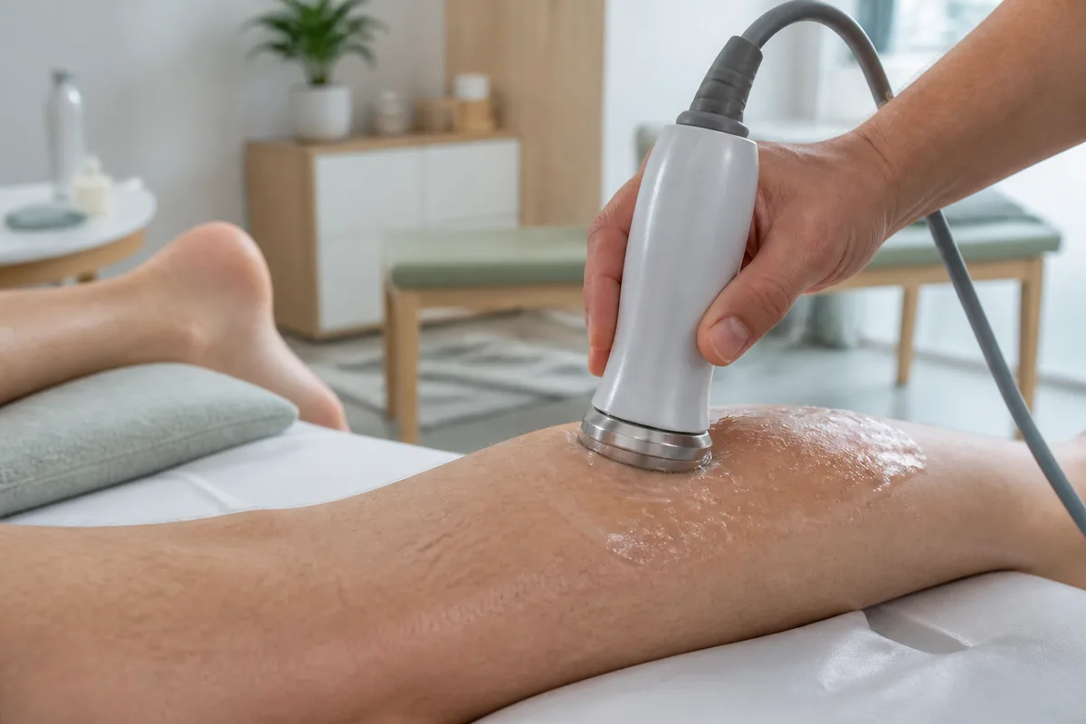 Tête d&rsquo;application d&rsquo;un appareil à ultrasons posée sur un mollet enduit de gel de couplage