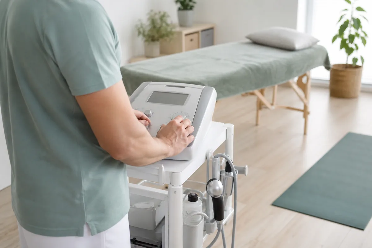 Kinésithérapeute réglant les paramètres de fréquence et d&rsquo;intensité sur un appareil à ultrasons