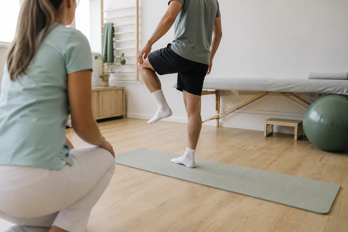 Sportif effectuant un travail d’équilibre sous le regard attentif d’un kinésithérapeute