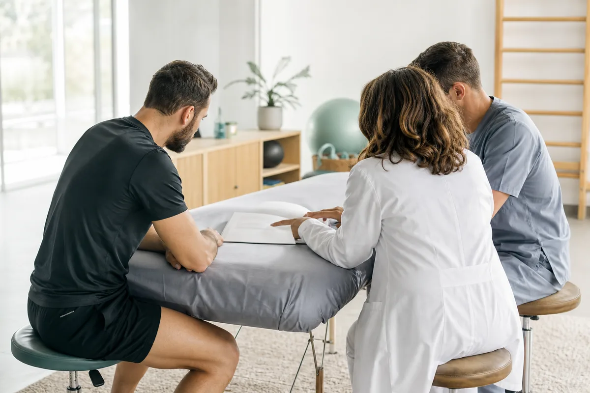 Réunion entre un sportif, un médecin et un kinésithérapeute autour d’un dossier de suivi